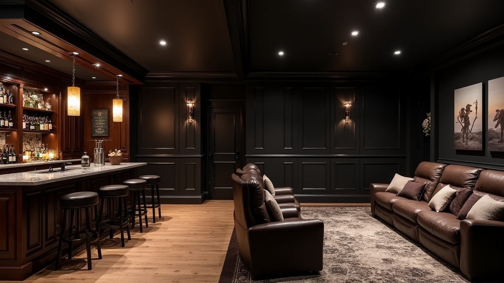 Pub-style basement bar with bar stools beside a lounge area with leather seating
