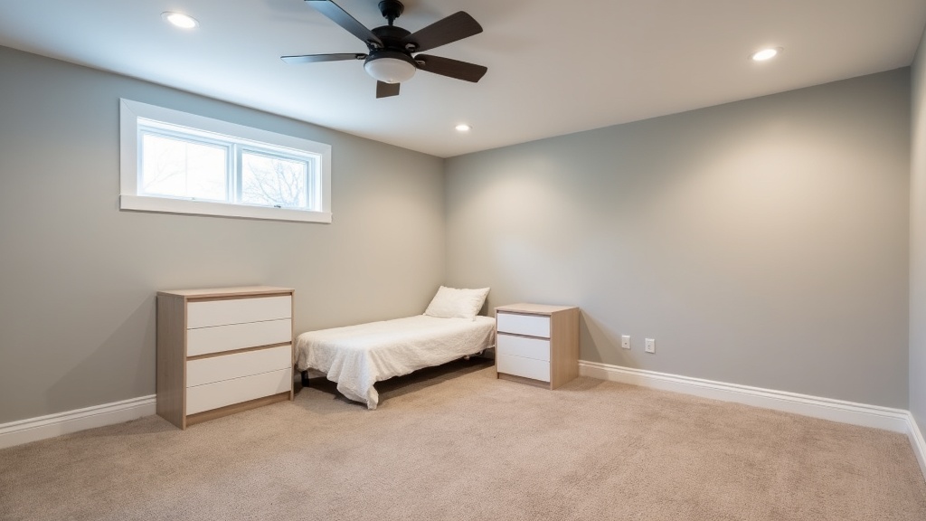 Finished basement guest bedroom with egress window providing natural light and emergency exit