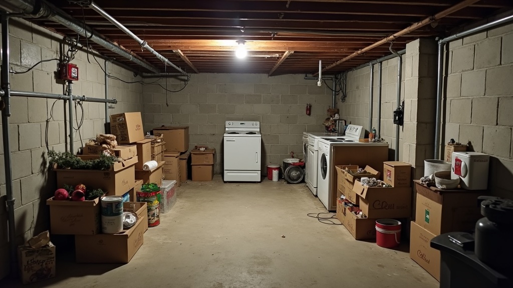 Cluttered unfinished basement storage area before renovation in Long Island