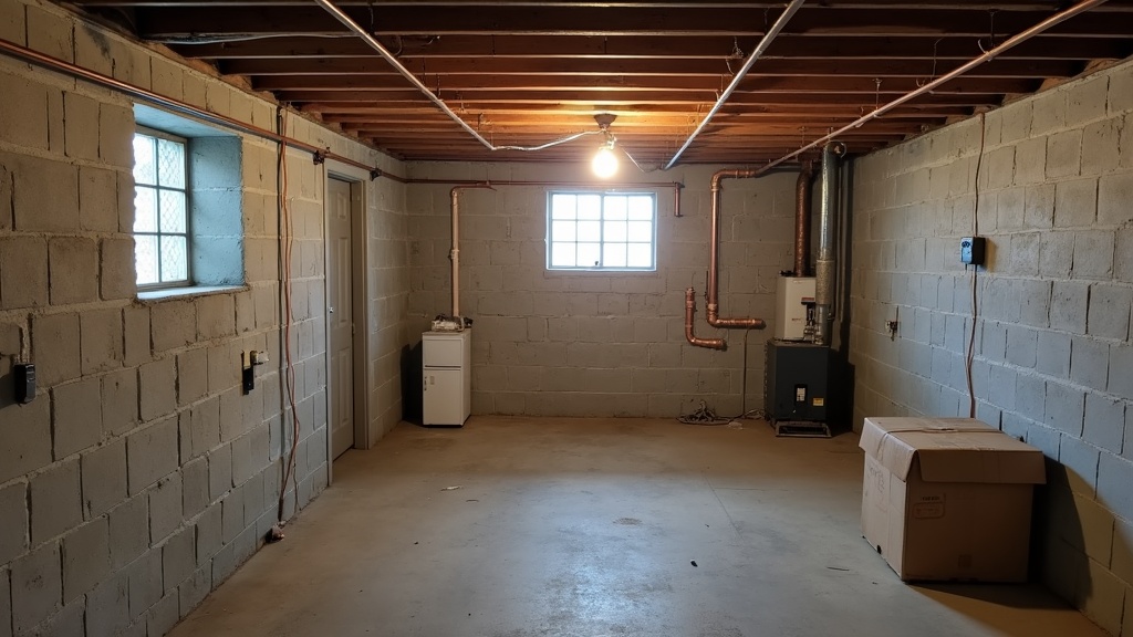 Typical unfinished Long Island basement with concrete block walls and exposed pipes before finishing